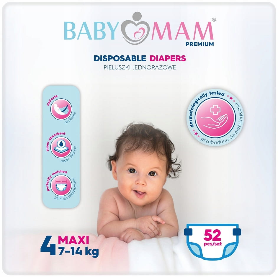 Pieluchy pieluszki jednorazowe babymam maxi 4 (7-14kg) 156szt extra care - obrazek 10