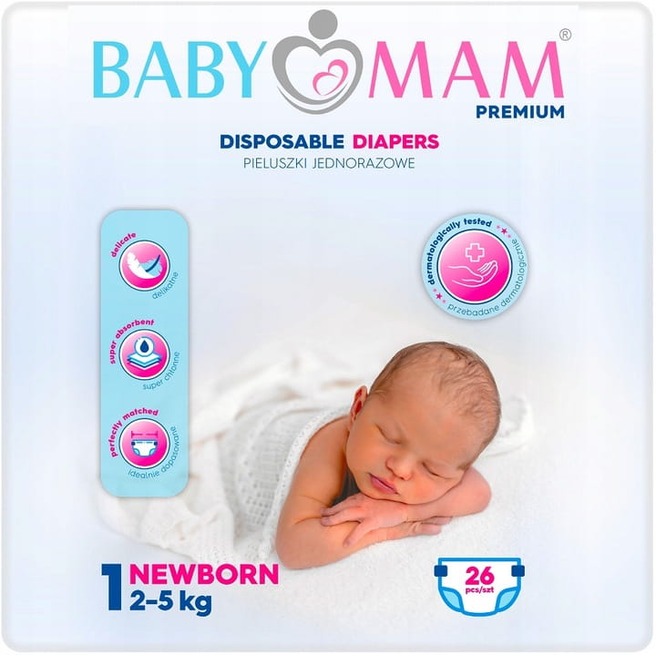 Pieluchy pieluszki jednorazowe babymam newborn 1 (2-5kg) 26szt extra care