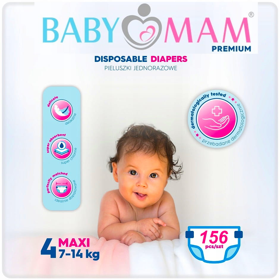 Pieluchy pieluszki jednorazowe babymam maxi 4 (7-14kg) 156szt extra care