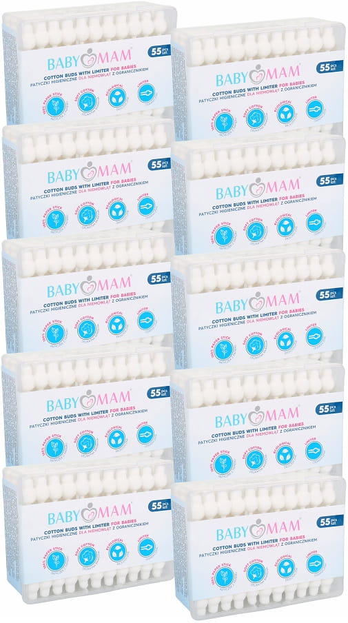 Babymam 10x patyczki higieniczne z ogranicznikiem bawełniane zestaw 550szt