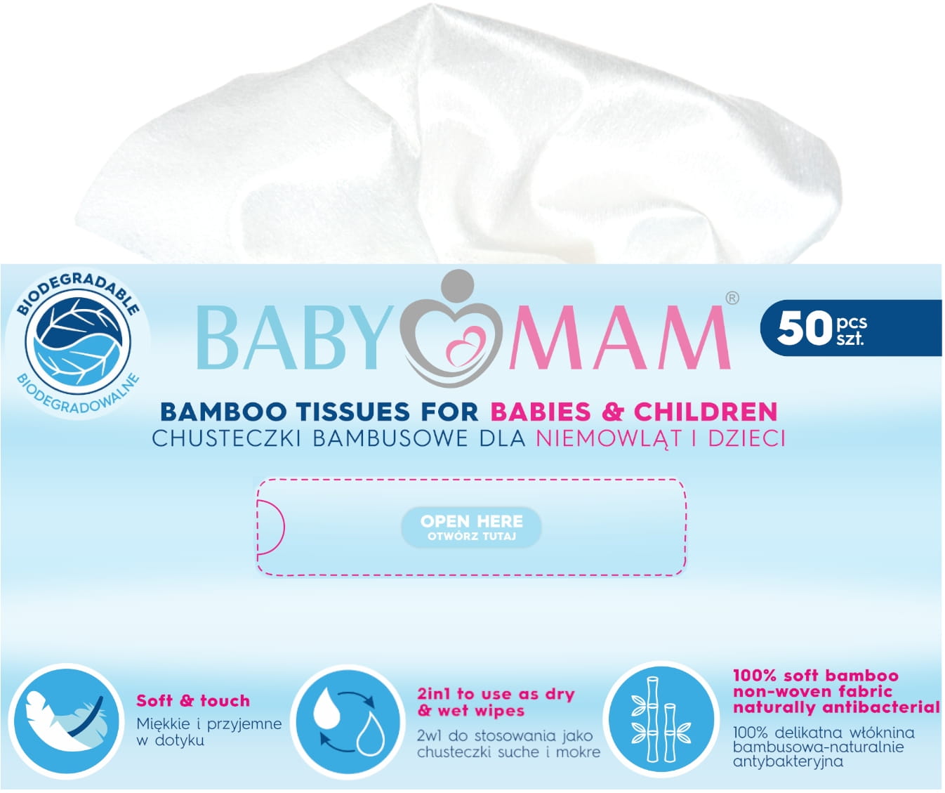 Babymam suche chusteczki bambusowe dla niemowląt i dzieci 100szt - obrazek 2