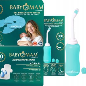 Babymam podpaski poporodowe na dzień+butelka do podmywania+kompresy żelowe