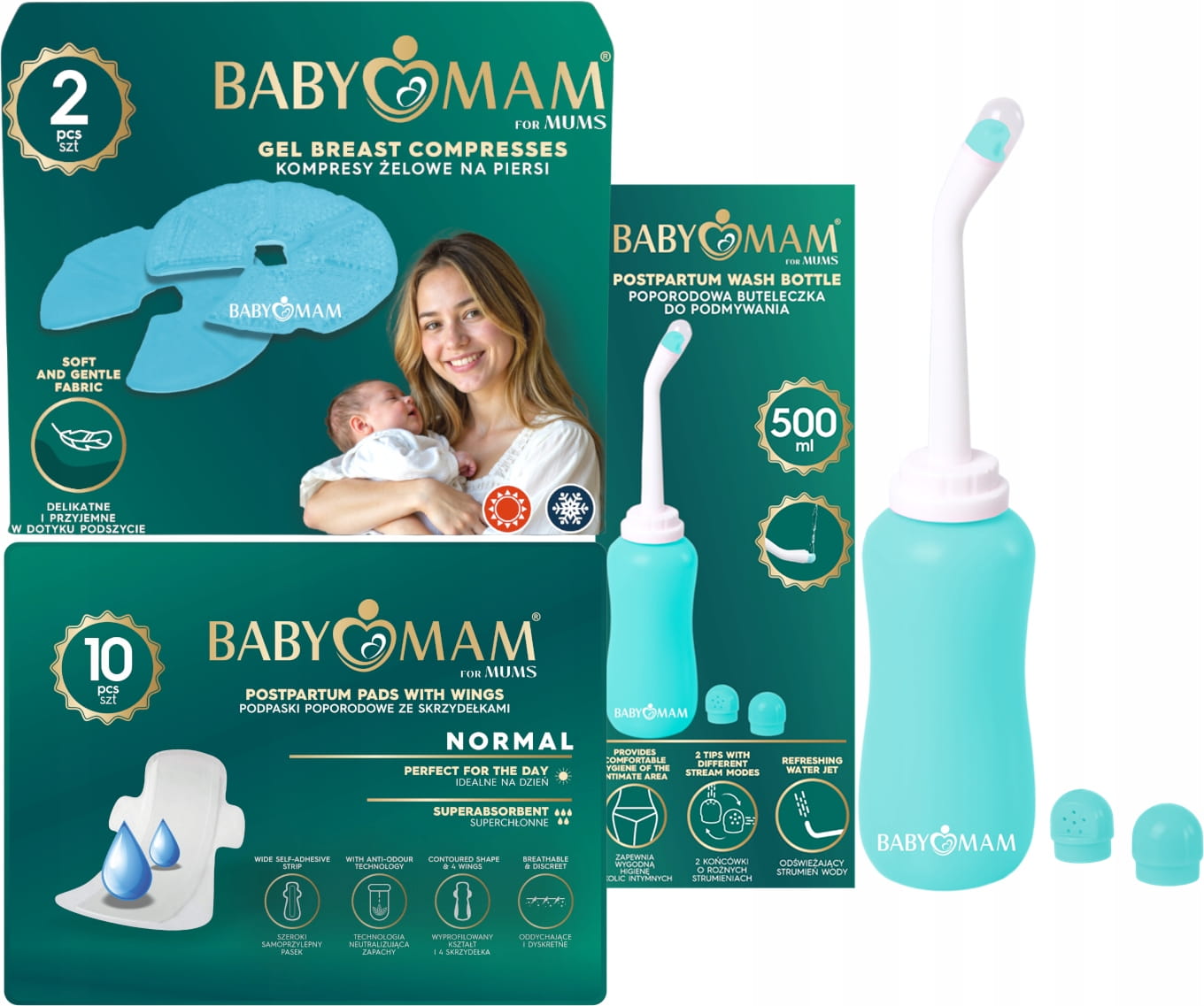 Babymam podpaski poporodowe na dzień+butelka do podmywania+kompresy żelowe