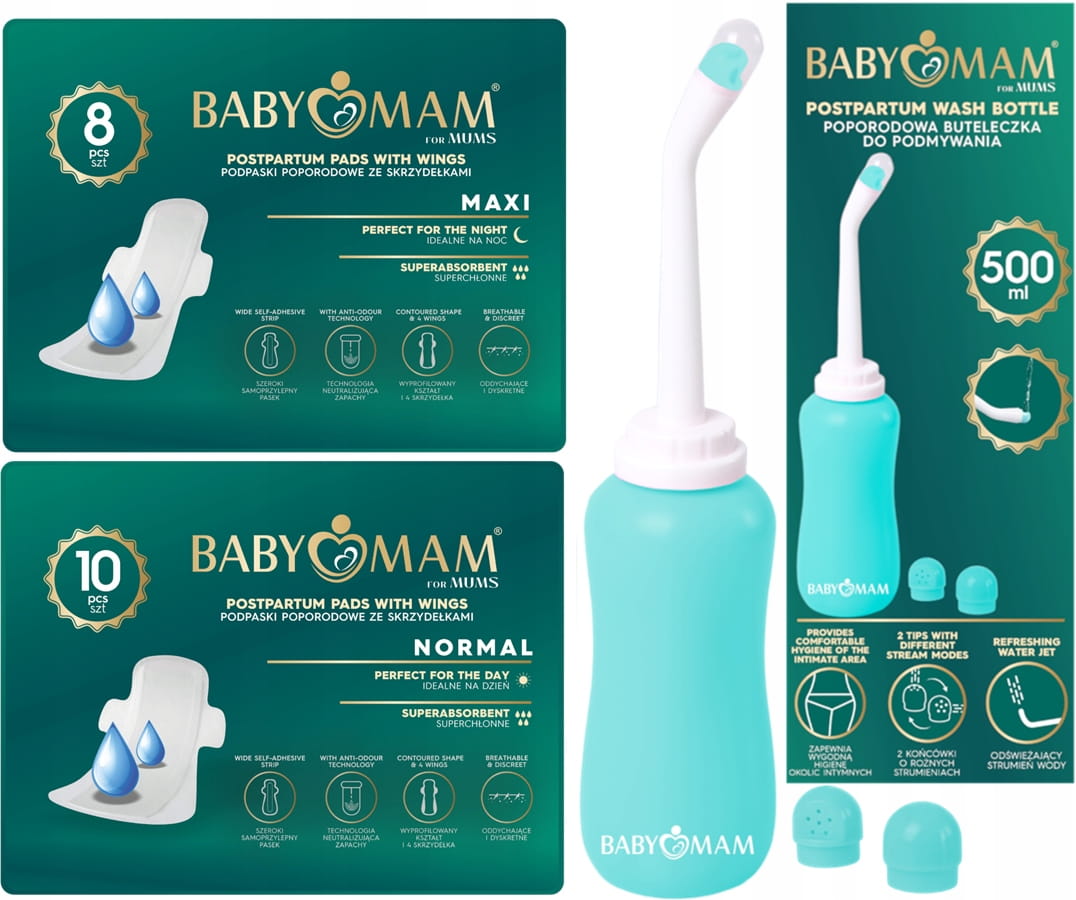 Babymam podpaski poporodowe na dzień +noc + butelka do podmywania zestaw wyprawkowy