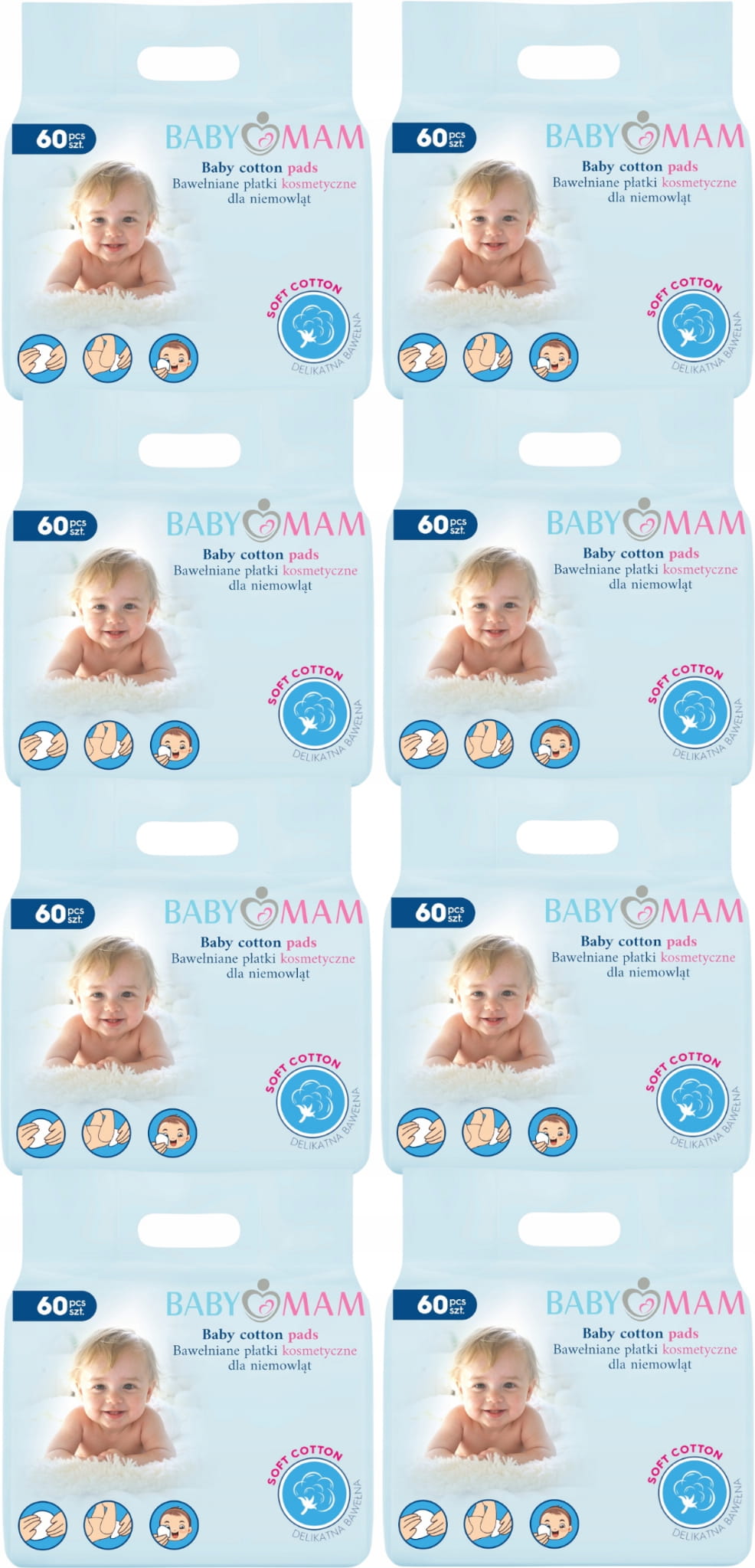 8x płatki kosmetyczne bawełniane dla niemowląt dzieci 60szt Babymam 480szt