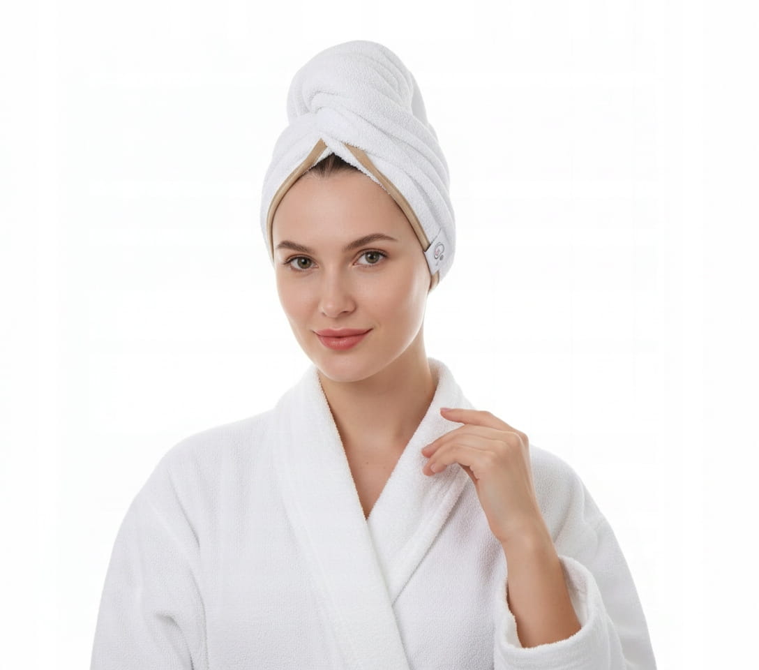 Gruby ręcznik do włosów turban na rzep termofrotte chłonny miękki Babymam - obrazek 7