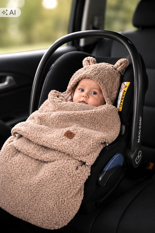 Babymam otulacz do fotelika wózka nosidełka zapinany ciepły bawełna plusz - obrazek 2